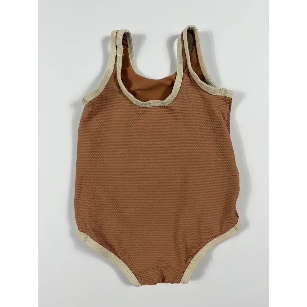 H&M Toddler Textured One Piece Swimsuit Brown Cream Trim size 2 years